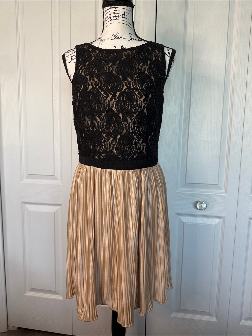Rewind Black Lace Top with Gold Pleated Skirt Mini Dress